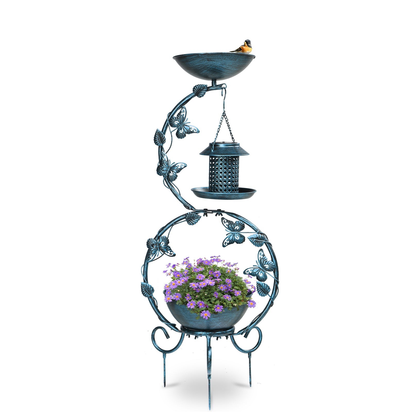 37.8 inch Bird Bath and Solar Bird Feeders Combo with Flower Planter Pedestal, Weather Resistant Metal Bird baths for Outdoors, Decorative Birdbath with Butterfly for Garden Yard, Antique Blue 0e7rxg-c0