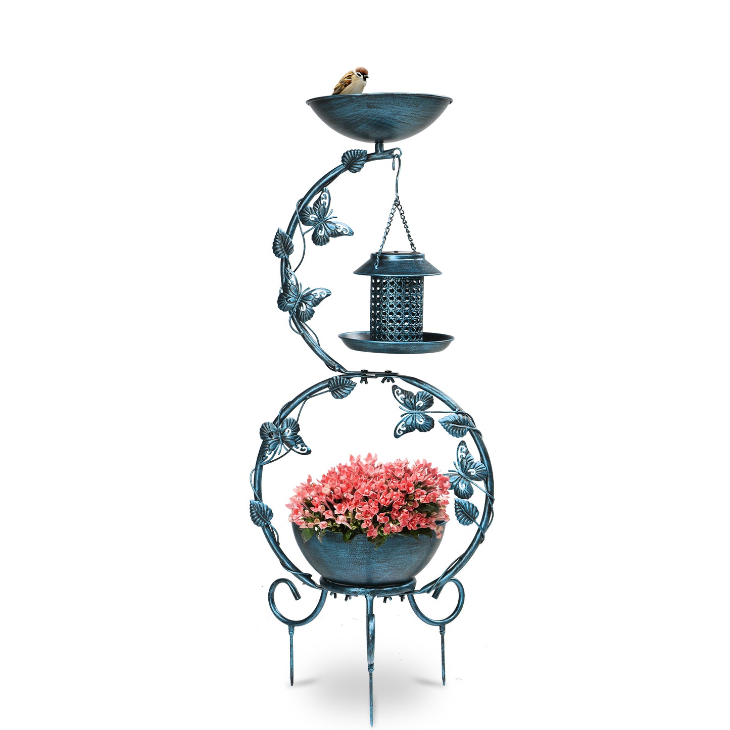 37.8 inch Bird Bath and Solar Bird Feeders Combo with Flower Planter Pedestal, Weather Resistant Metal Bird baths for Outdoors, Decorative Birdbath with Butterfly for Garden Yard, Antique Blue 0e7rxg-c0