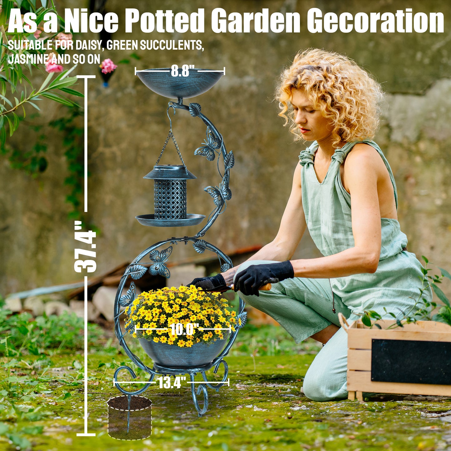 37.8 inch Bird Bath and Solar Bird Feeders Combo with Flower Planter Pedestal, Weather Resistant Metal Bird baths for Outdoors, Decorative Birdbath with Butterfly for Garden Yard, Antique Blue 0e7rxg-c0