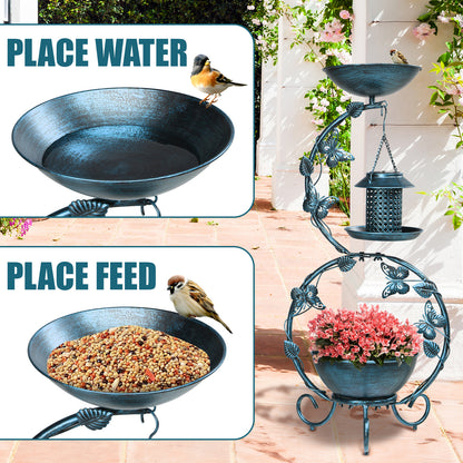 37.8 inch Bird Bath and Solar Bird Feeders Combo with Flower Planter Pedestal, Weather Resistant Metal Bird baths for Outdoors, Decorative Birdbath with Butterfly for Garden Yard, Antique Blue 0e7rxg-c0