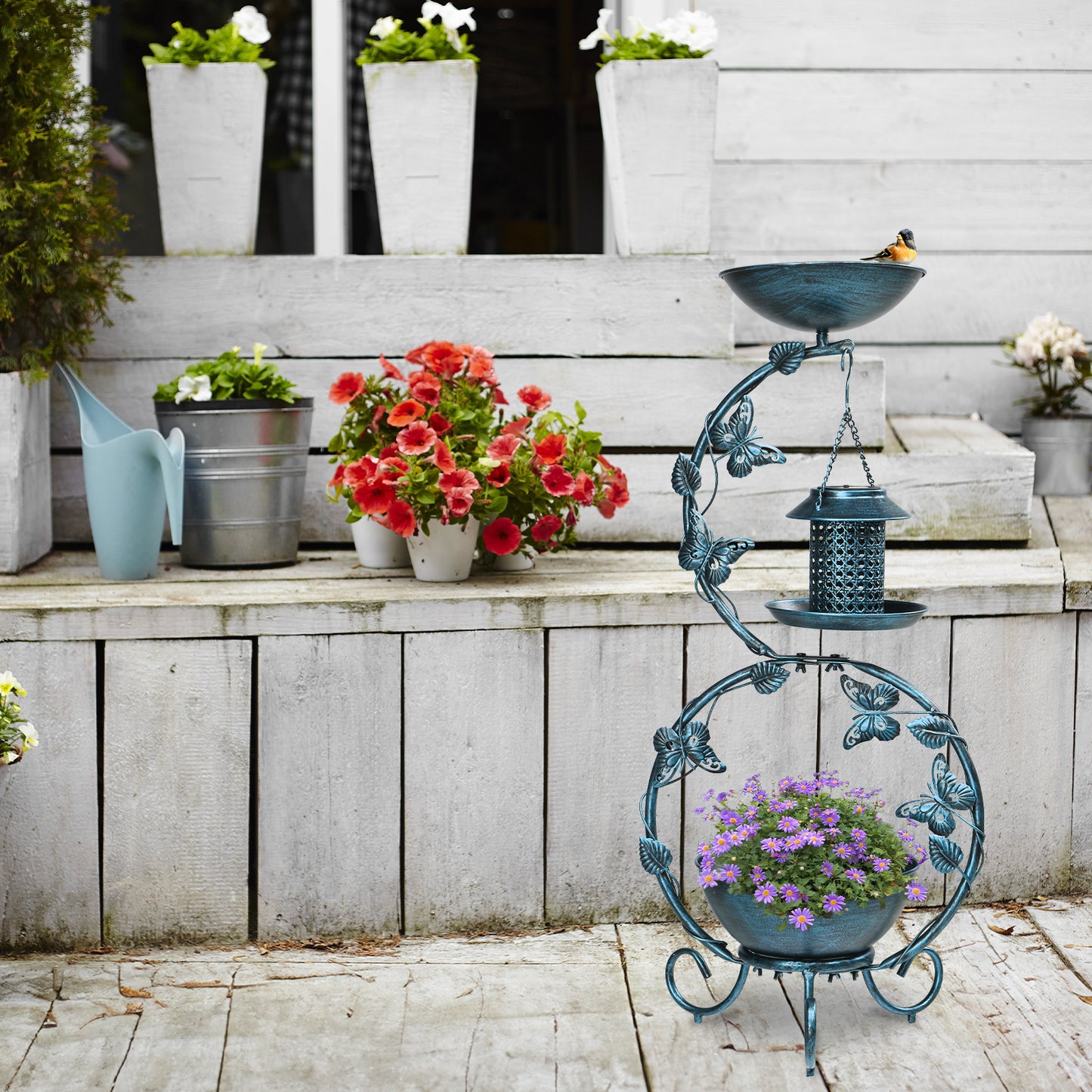 37.8 inch Bird Bath and Solar Bird Feeders Combo with Flower Planter Pedestal, Weather Resistant Metal Bird baths for Outdoors, Decorative Birdbath with Butterfly for Garden Yard, Antique Blue 0e7rxg-c0