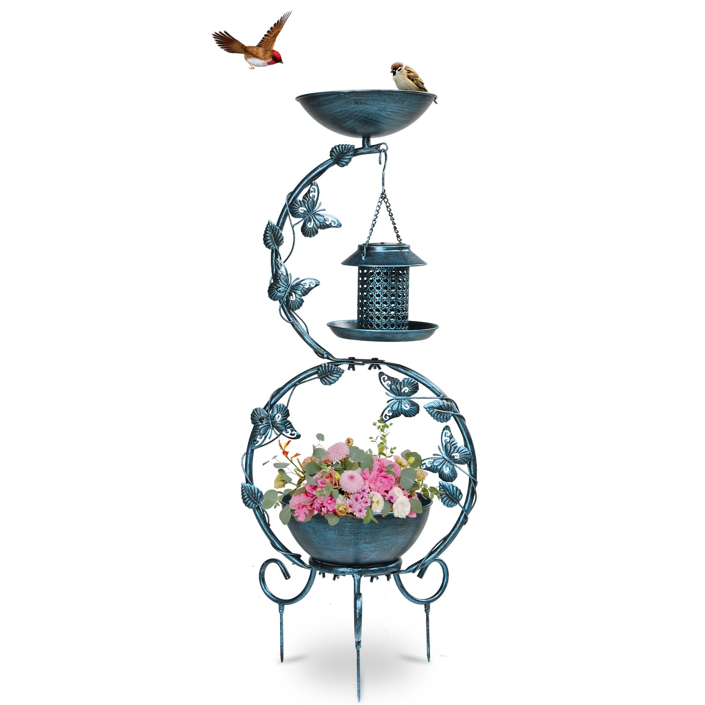 37.8 inch Bird Bath and Solar Bird Feeders Combo with Flower Planter Pedestal, Weather Resistant Metal Bird baths for Outdoors, Decorative Birdbath with Butterfly for Garden Yard, Antique Blue 0e7rxg-c0