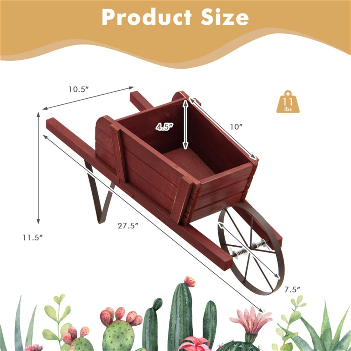 2 In 1 Wheelbarrow Planter，Wooden Wagon Planter with 9 Magnetic Accessories for Garden Yard 0e7rxg-c0