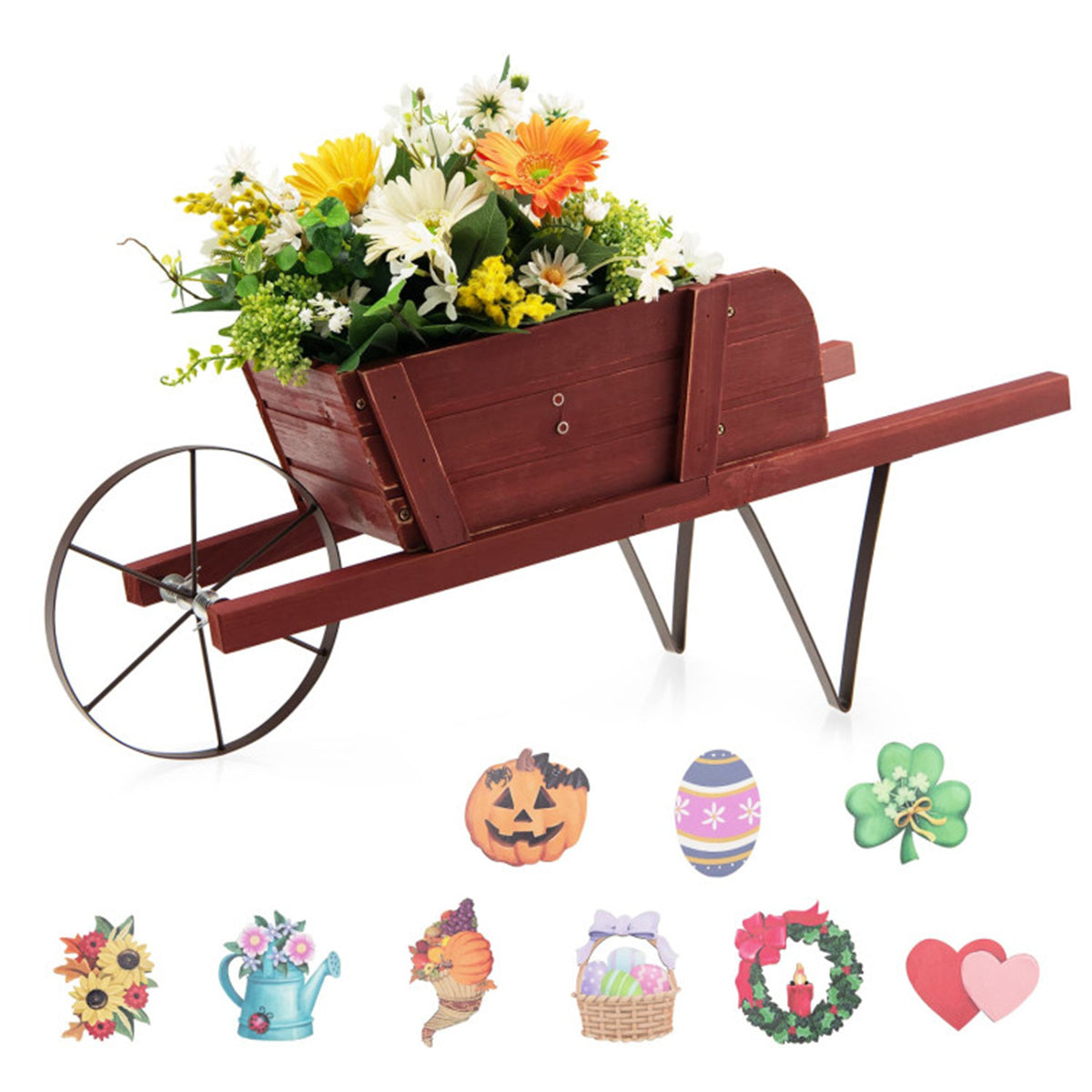 2 In 1 Wheelbarrow Planter，Wooden Wagon Planter with 9 Magnetic Accessories for Garden Yard 0e7rxg-c0