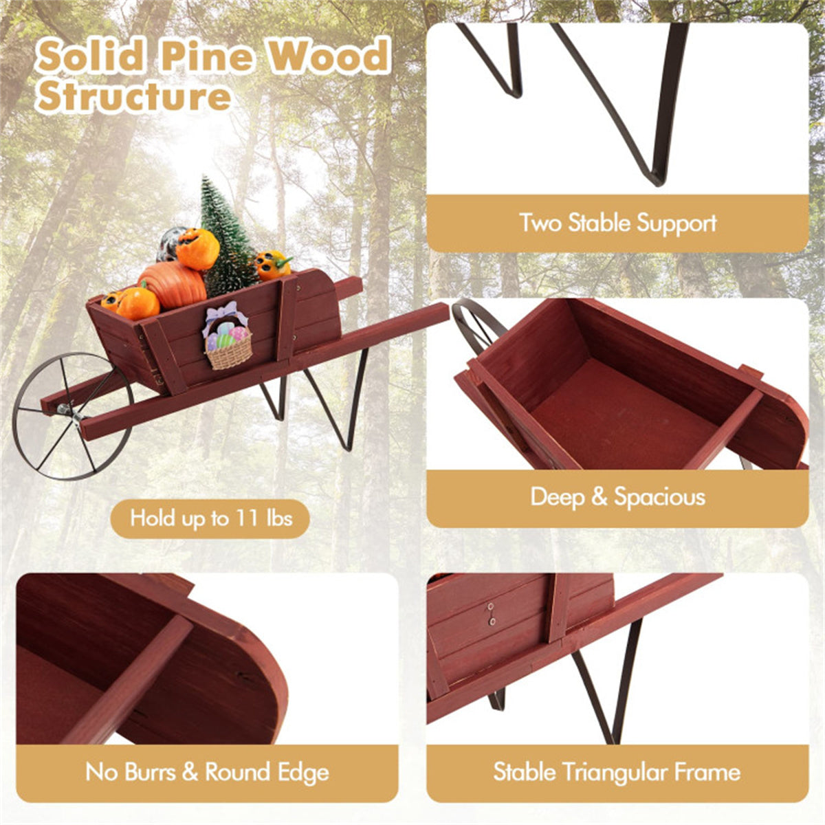 2 In 1 Wheelbarrow Planter，Wooden Wagon Planter with 9 Magnetic Accessories for Garden Yard 0e7rxg-c0