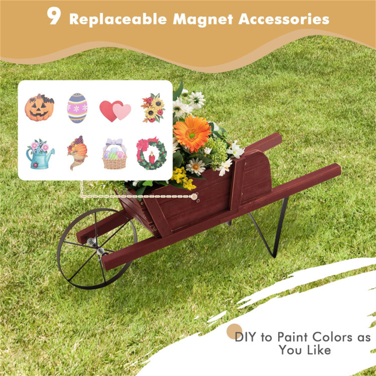 2 In 1 Wheelbarrow Planter，Wooden Wagon Planter with 9 Magnetic Accessories for Garden Yard 0e7rxg-c0