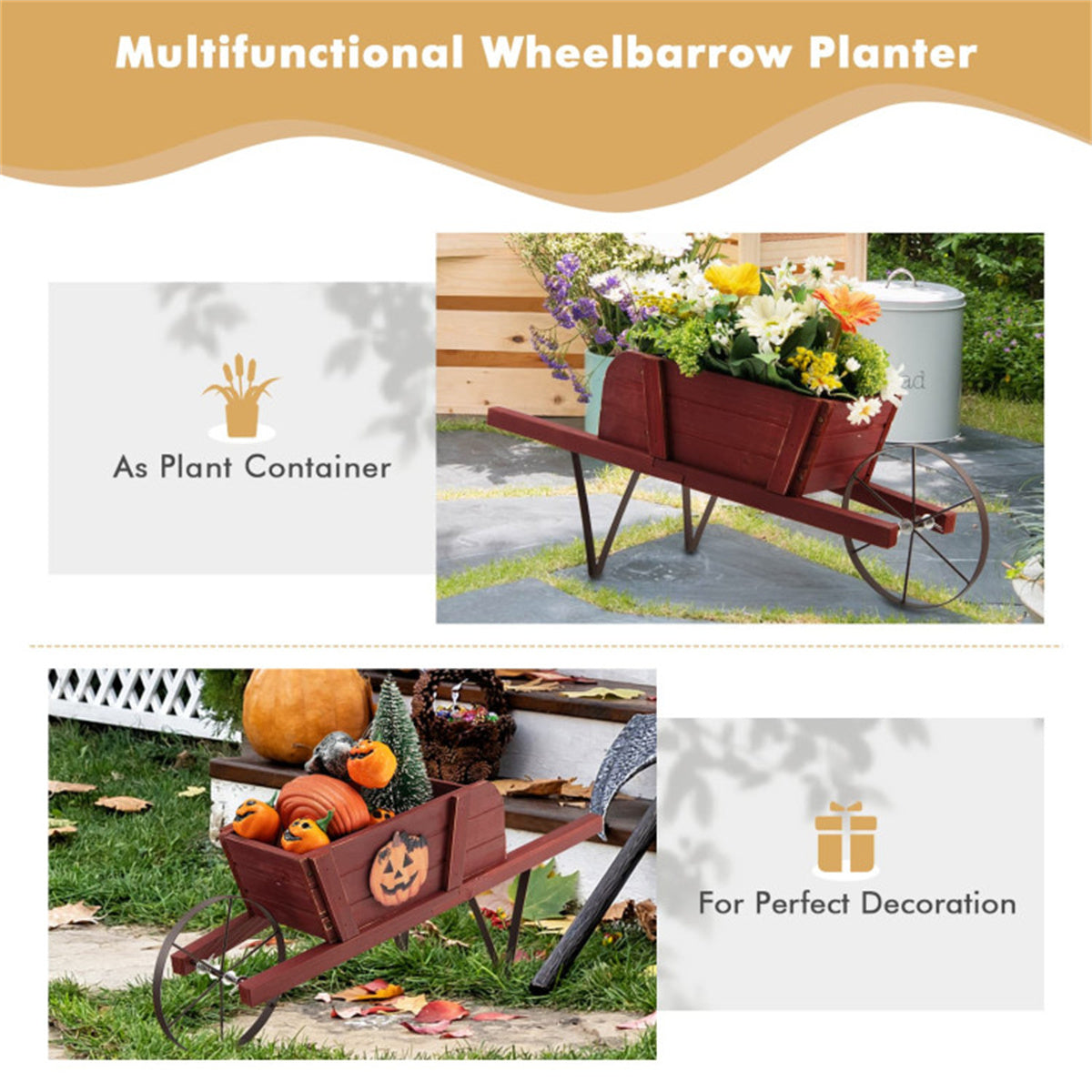 2 In 1 Wheelbarrow Planter，Wooden Wagon Planter with 9 Magnetic Accessories for Garden Yard 0e7rxg-c0