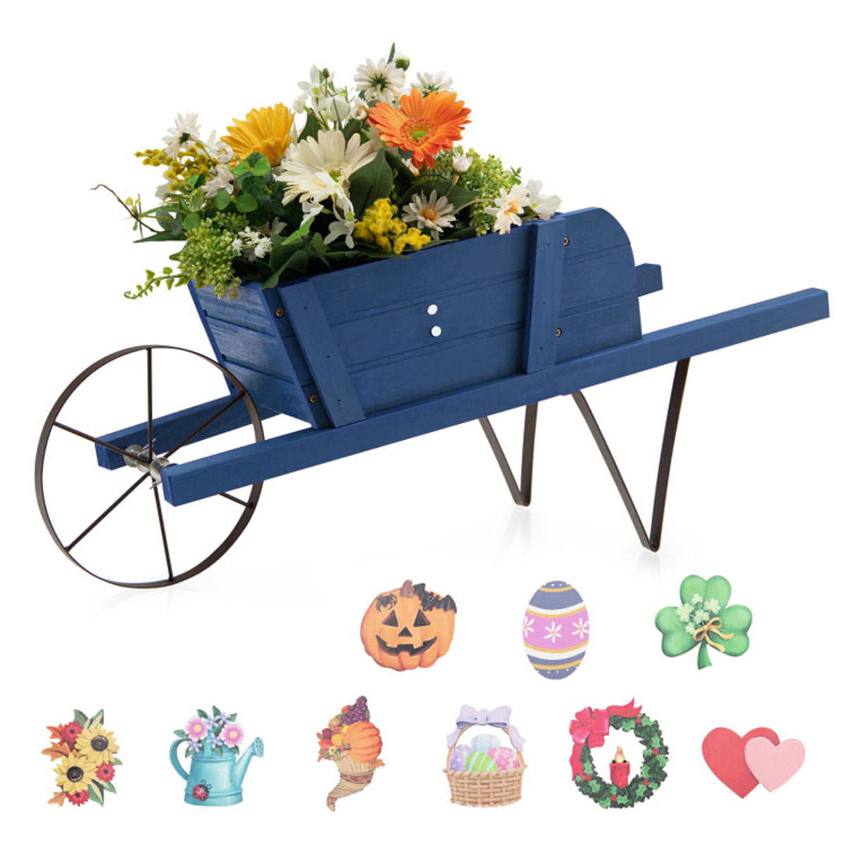 2 In 1 Wheelbarrow Planter，Wooden Wagon Planter with 9 Magnetic Accessories for Garden Yard 0e7rxg-c0