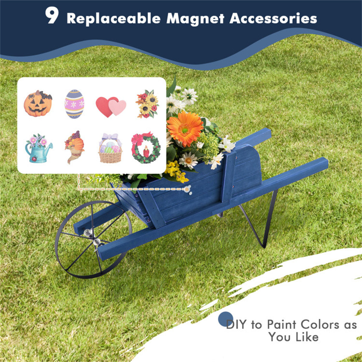 2 In 1 Wheelbarrow Planter，Wooden Wagon Planter with 9 Magnetic Accessories for Garden Yard 0e7rxg-c0