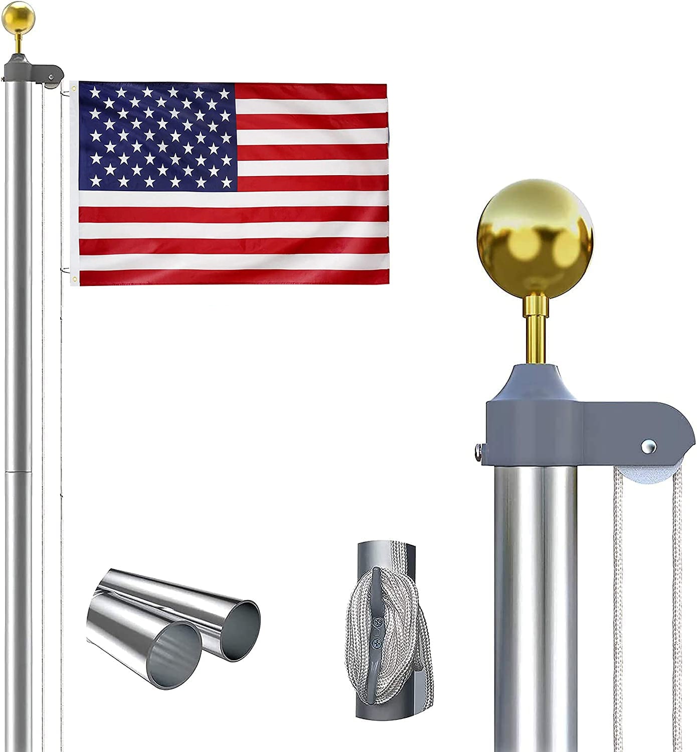 20 FT Sectional Flag Pole Kit Extra Thick Aluminum Flagpole with 1 Flag 2 Rope - Decoration - Quality Life