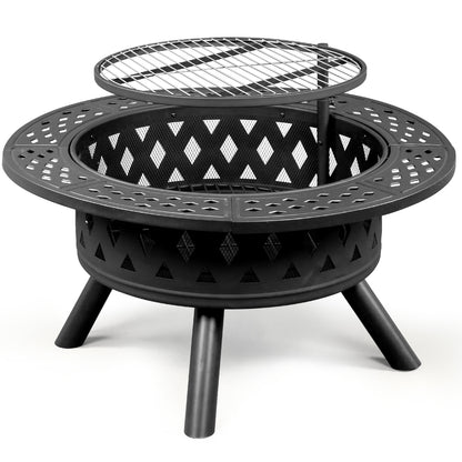 38in Metal Fire Pit with Cooking Grates Black - Decoration - Quality Life