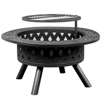 38in Metal Fire Pit with Cooking Grates Black - Decoration - Quality Life