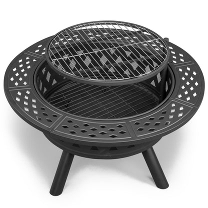 38in Metal Fire Pit with Cooking Grates Black - Decoration - Quality Life