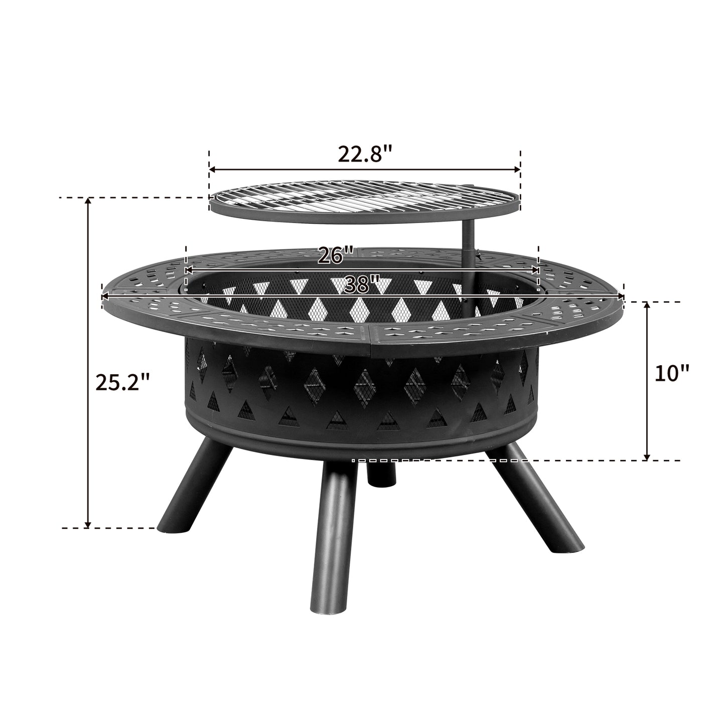 38in Metal Fire Pit with Cooking Grates Black - Decoration - Quality Life