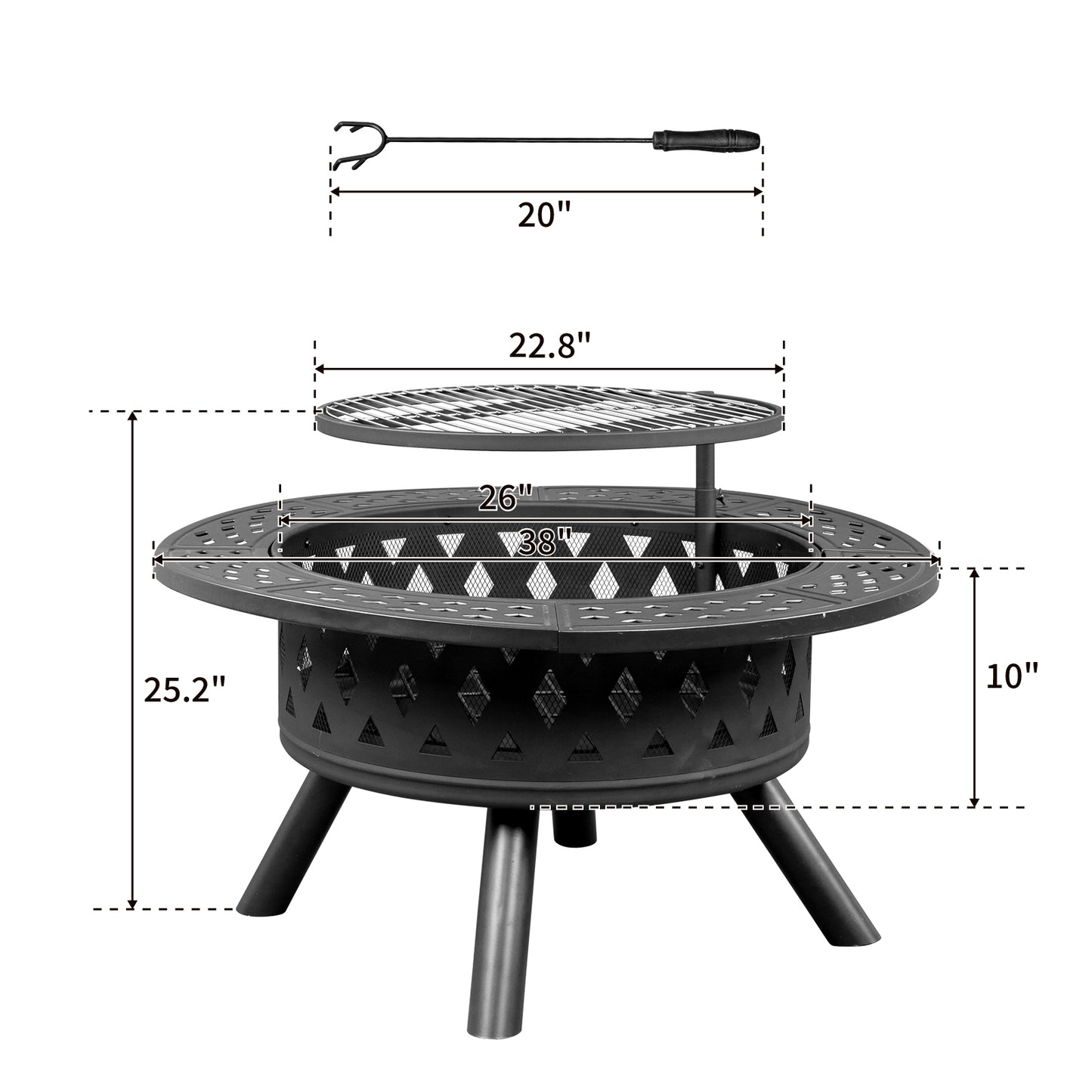 38in Metal Fire Pit with Cooking Grates Black - Decoration - Quality Life