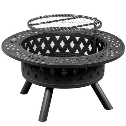 38in Metal Fire Pit with Cooking Grates Black - Decoration - Quality Life