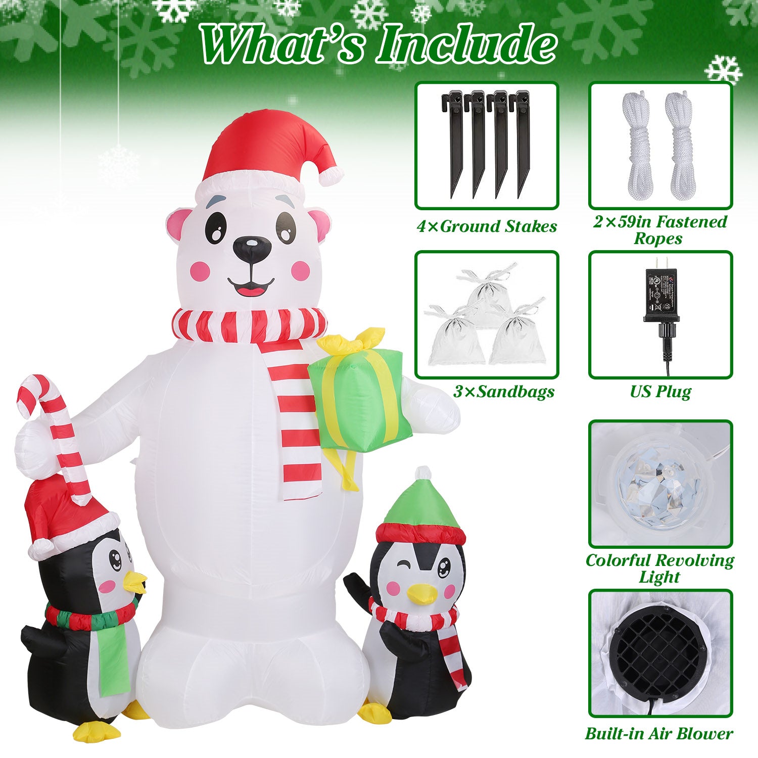 5.9FT Christmas Inflatable Outdoor Decoration Polar Bear Gift Box Penguin Blow Up Yard Decoration with LED Light Built-in Air Blower for Winter Holiday Xmas Garden - Decoration - Quality Life