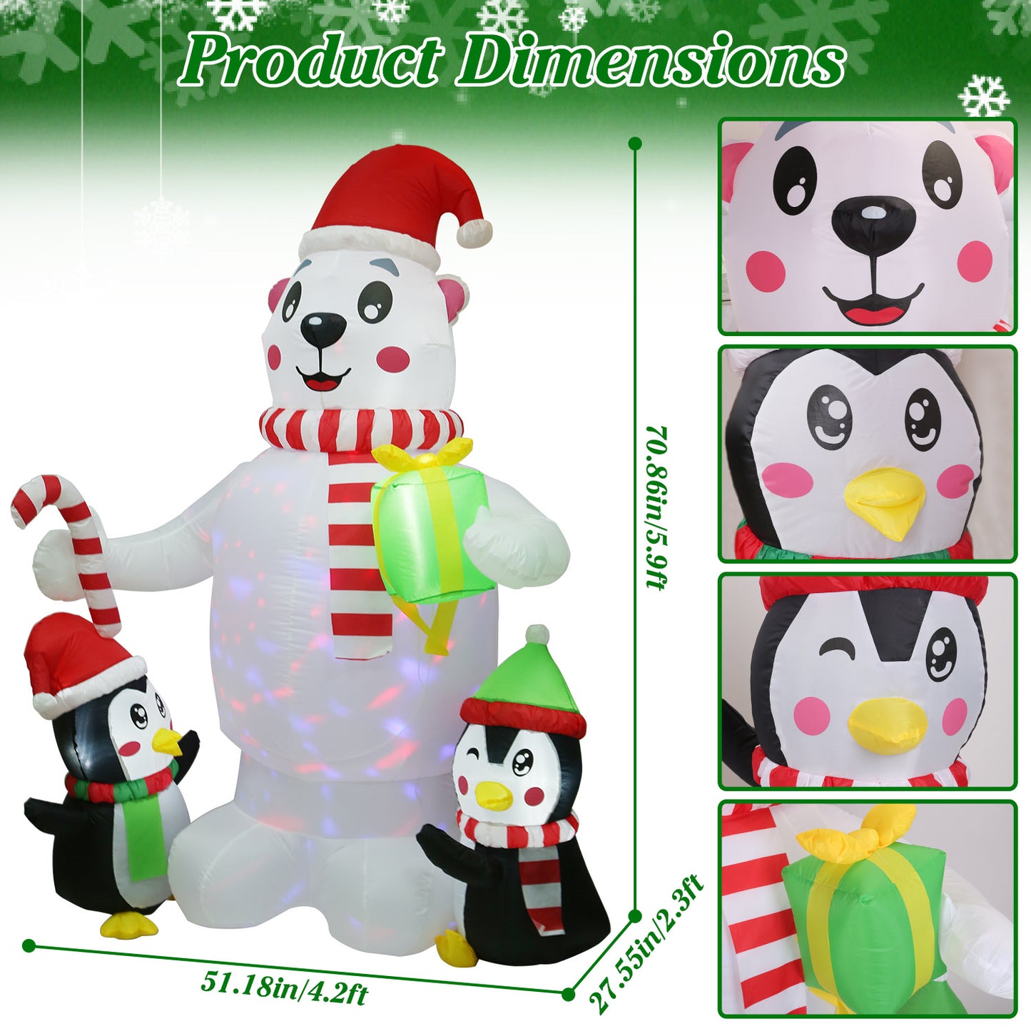 5.9FT Christmas Inflatable Outdoor Decoration Polar Bear Gift Box Penguin Blow Up Yard Decoration with LED Light Built-in Air Blower for Winter Holiday Xmas Garden - Decoration - Quality Life