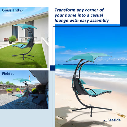 53.15 in. Outdoor Teal Hanging Curved Lounge Chair Steel Hammocks Chaise Swing with Built-In Pillow and Removable Canopy - Decoration - Quality Life