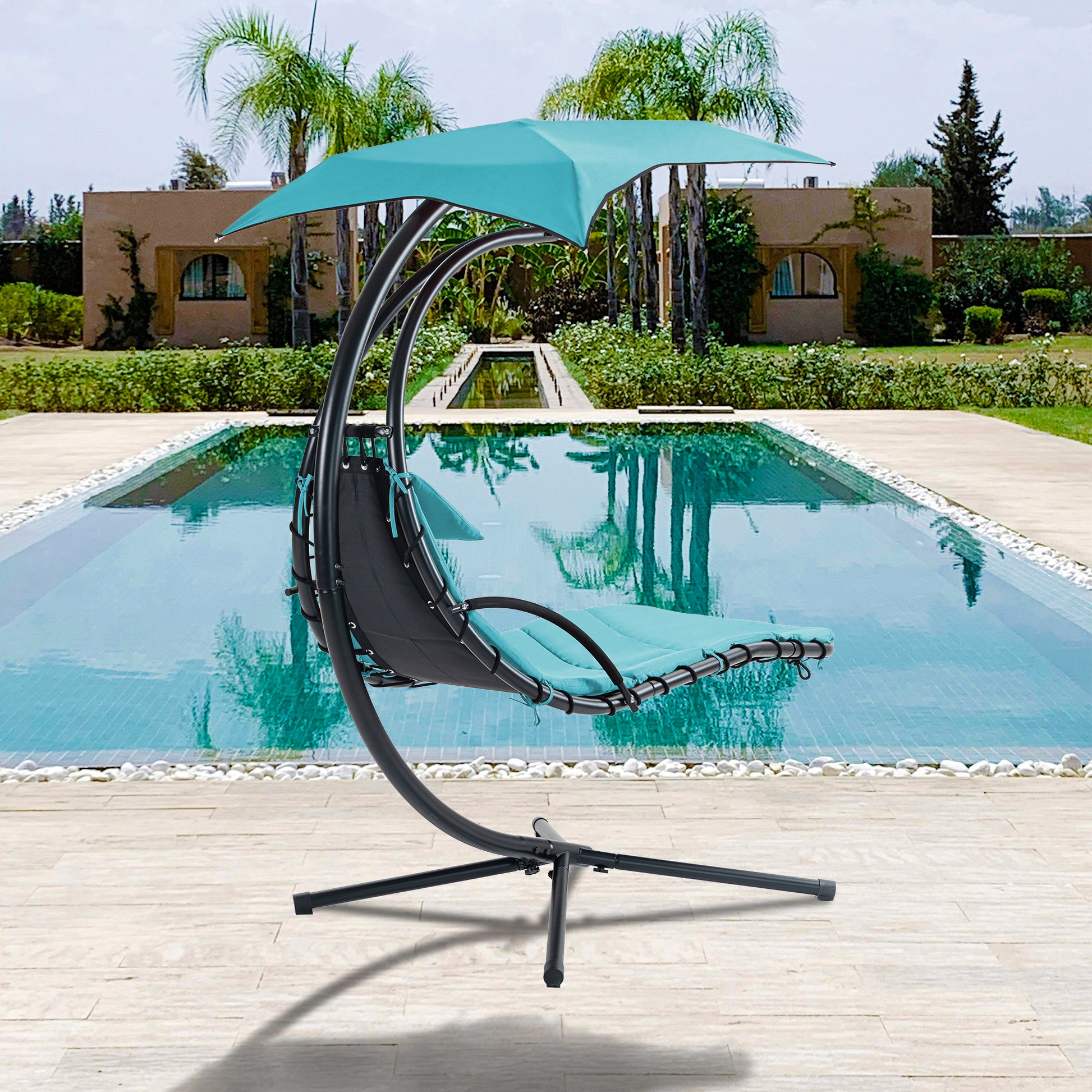 53.15 in. Outdoor Teal Hanging Curved Lounge Chair Steel Hammocks Chaise Swing with Built-In Pillow and Removable Canopy - Decoration - Quality Life