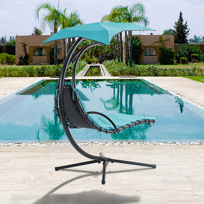 53.15 in. Outdoor Teal Hanging Curved Lounge Chair Steel Hammocks Chaise Swing with Built-In Pillow and Removable Canopy - Decoration - Quality Life