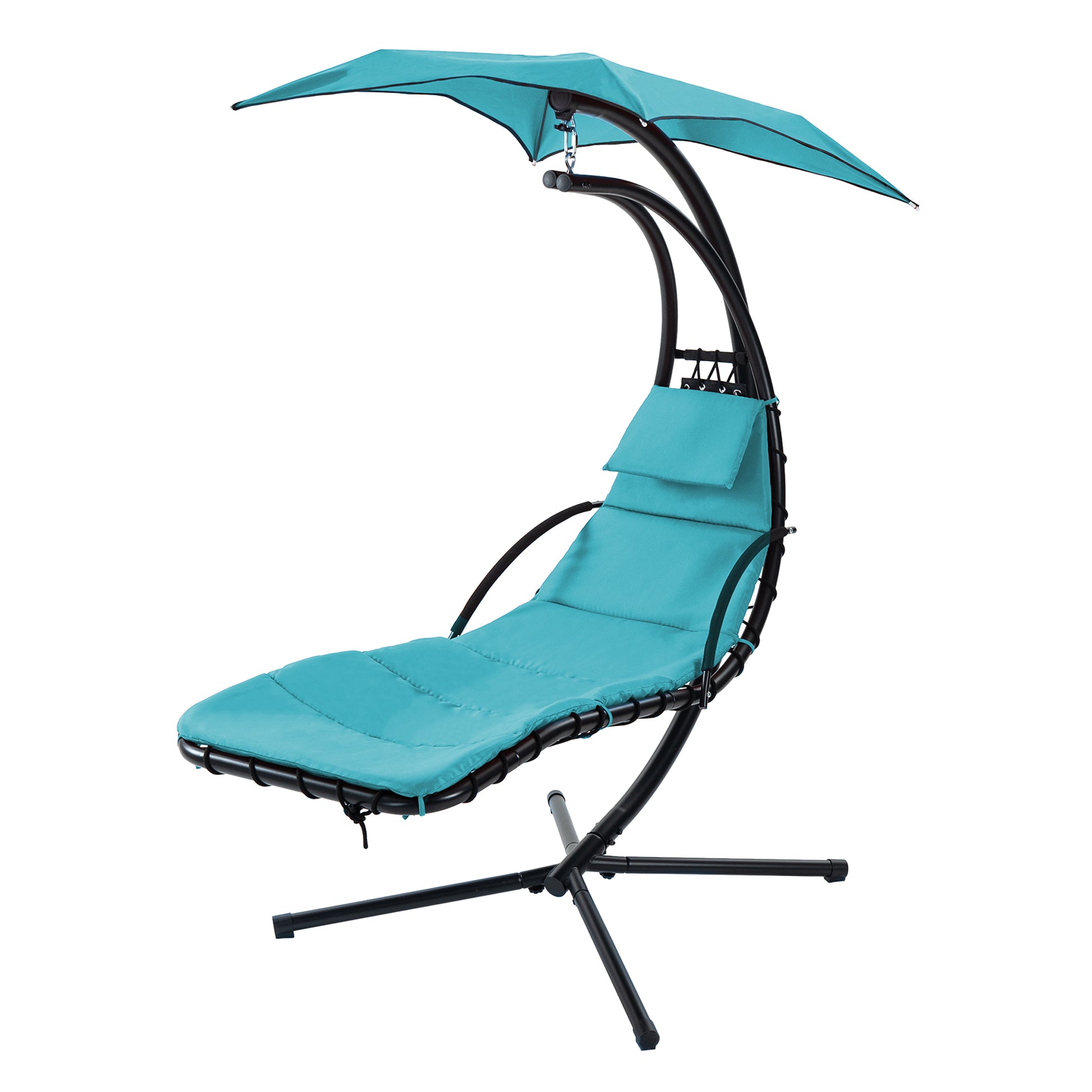 53.15 in. Outdoor Teal Hanging Curved Lounge Chair Steel Hammocks Chaise Swing with Built-In Pillow and Removable Canopy - Decoration - Quality Life