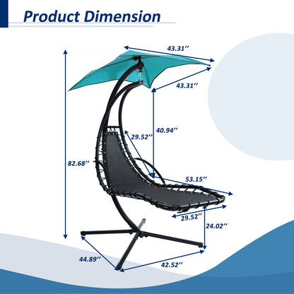 53.15 in. Outdoor Teal Hanging Curved Lounge Chair Steel Hammocks Chaise Swing with Built-In Pillow and Removable Canopy - Decoration - Quality Life