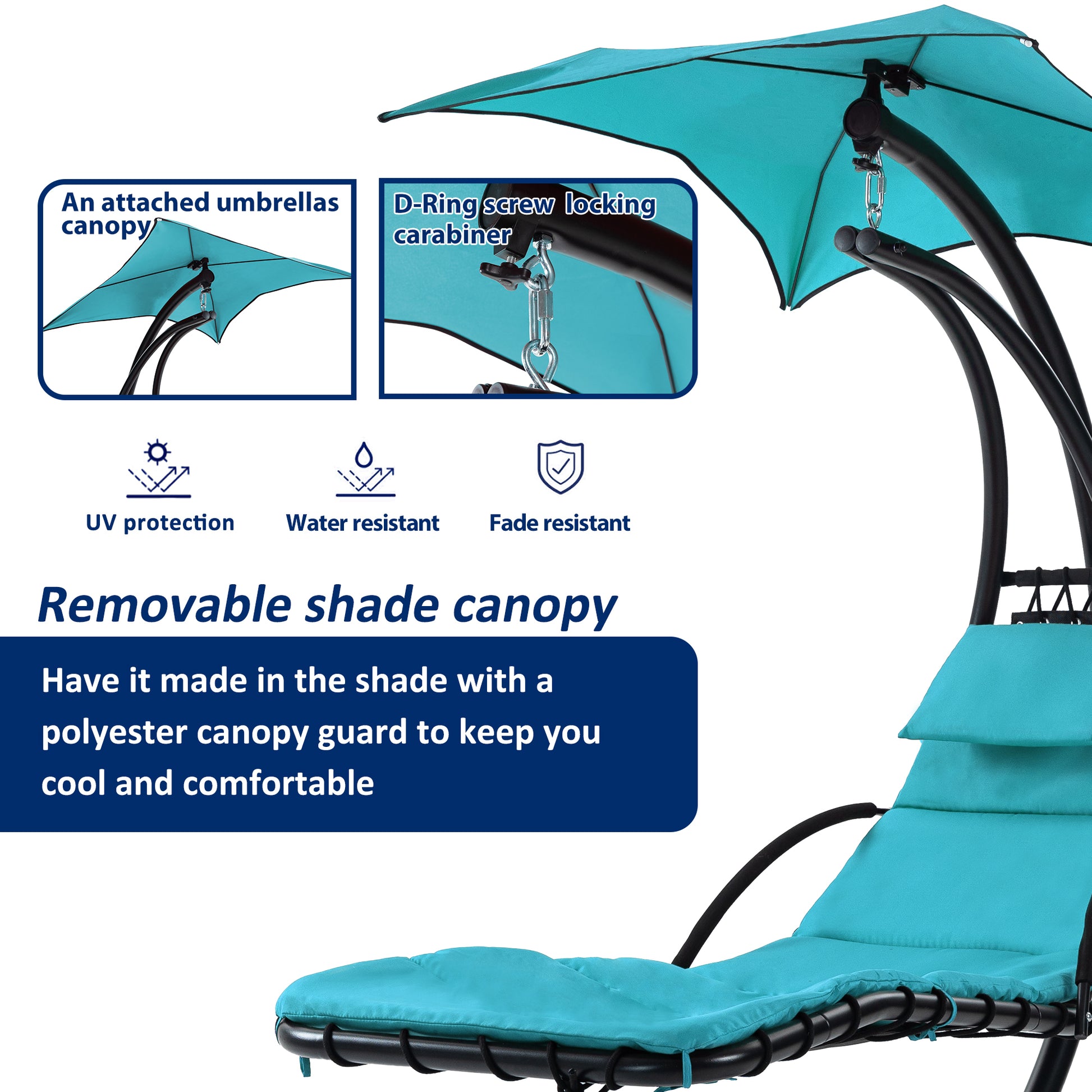 53.15 in. Outdoor Teal Hanging Curved Lounge Chair Steel Hammocks Chaise Swing with Built-In Pillow and Removable Canopy - Decoration - Quality Life