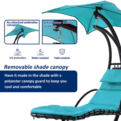 53.15 in. Outdoor Teal Hanging Curved Lounge Chair Steel Hammocks Chaise Swing with Built-In Pillow and Removable Canopy - Decoration - Quality Life