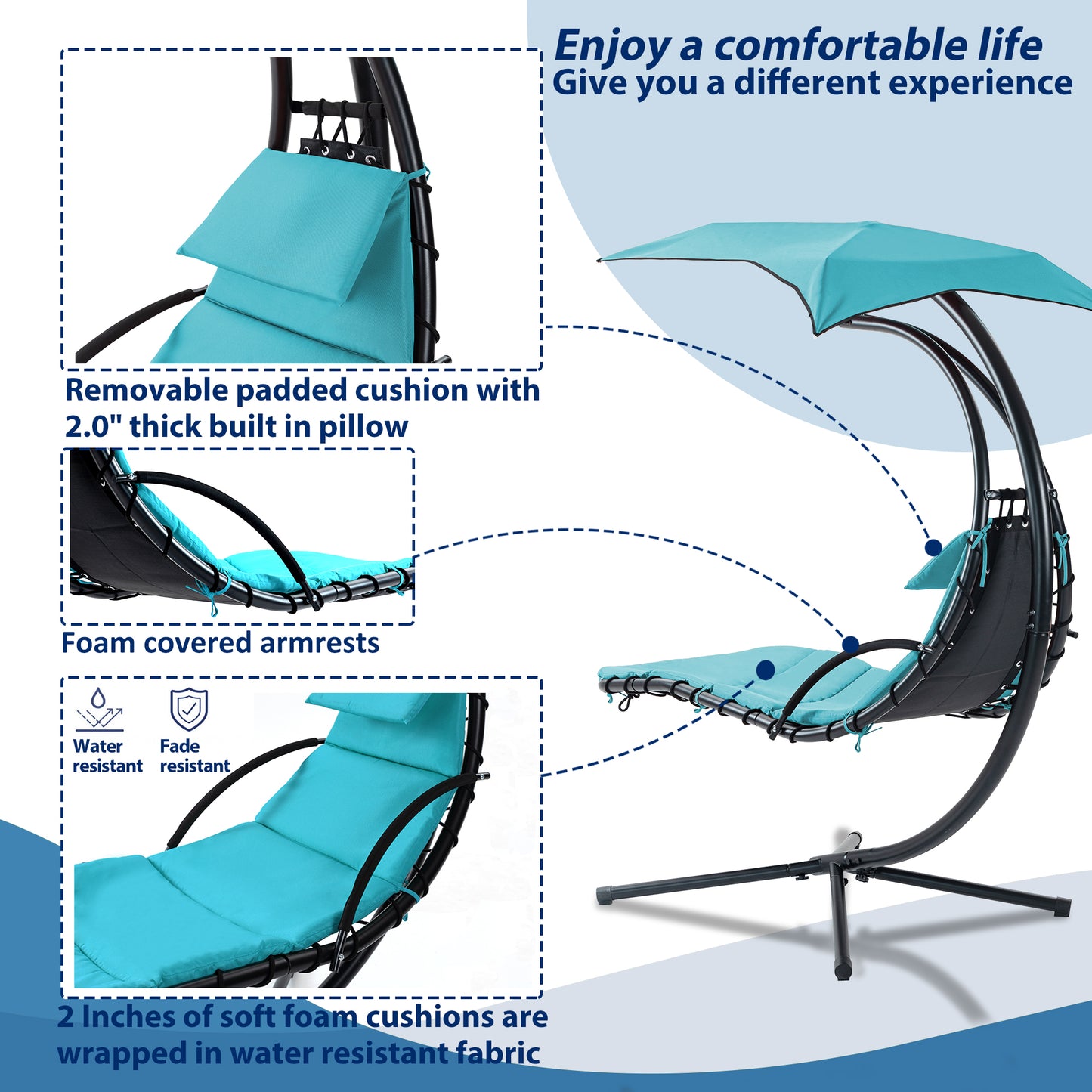 53.15 in. Outdoor Teal Hanging Curved Lounge Chair Steel Hammocks Chaise Swing with Built-In Pillow and Removable Canopy - Decoration - Quality Life