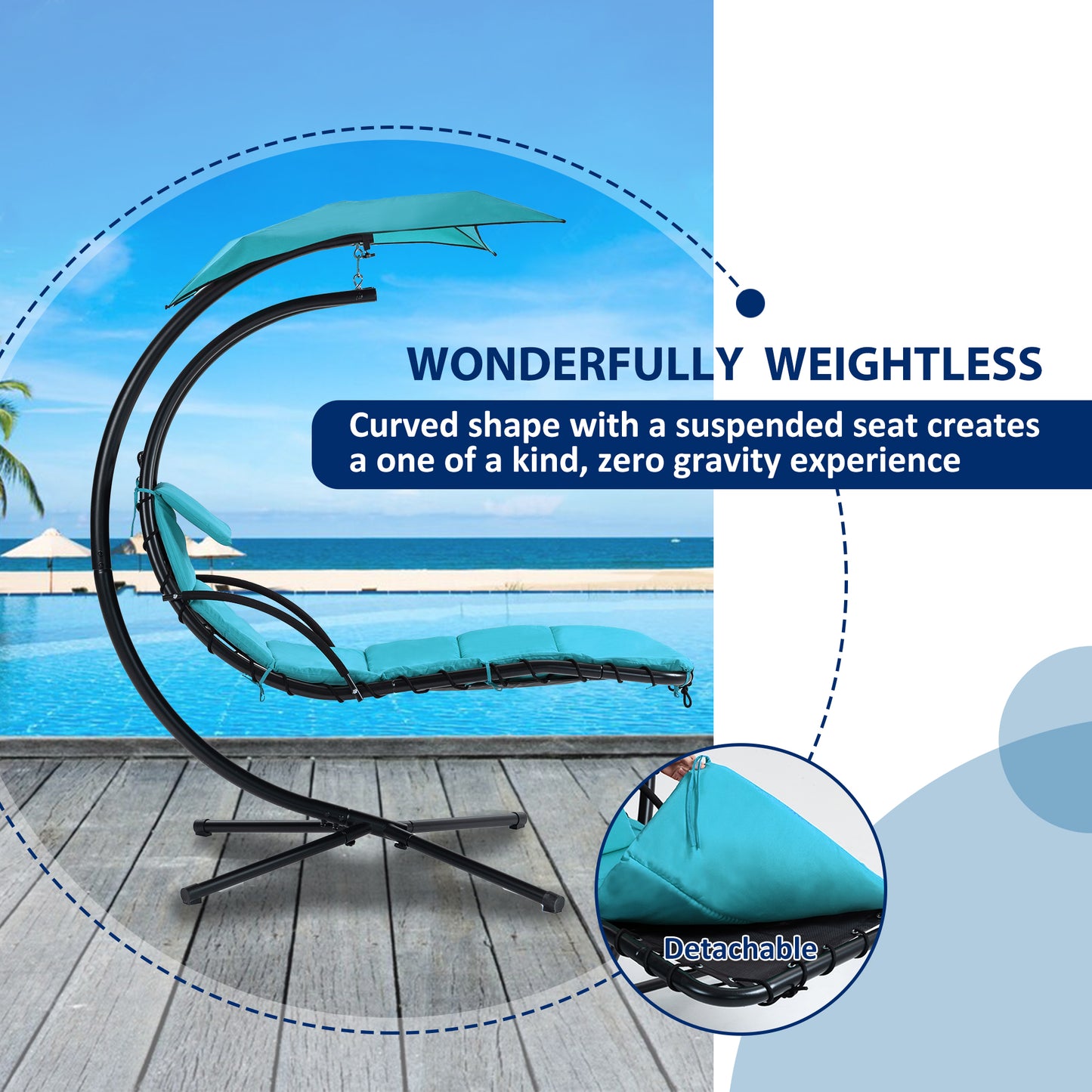 53.15 in. Outdoor Teal Hanging Curved Lounge Chair Steel Hammocks Chaise Swing with Built-In Pillow and Removable Canopy - Decoration - Quality Life