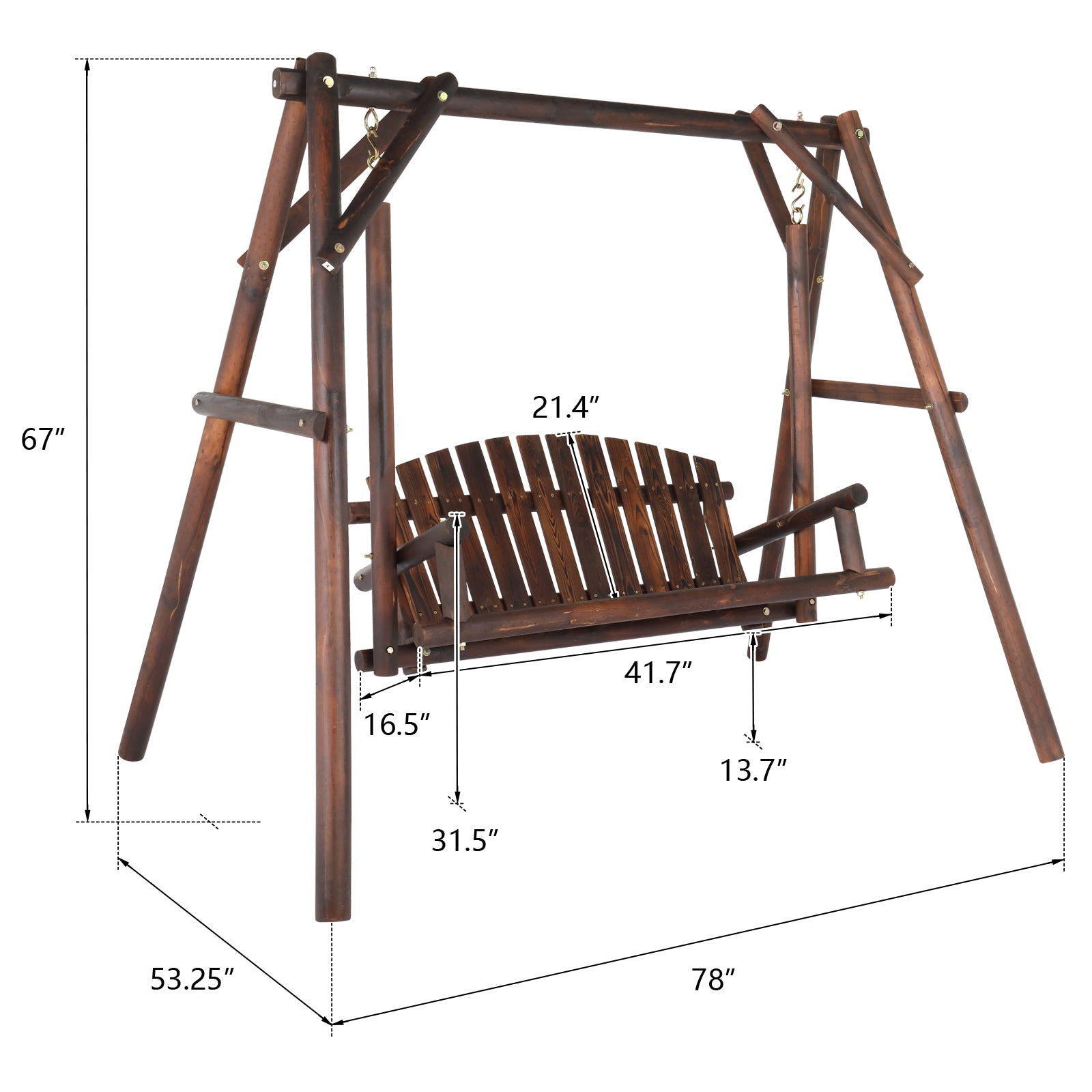 6.5ft Hardwood Patio Garden Outdoor Porch Swing with Stand, Rustic Loveseat Swing Chair for 2 Person, Carbonized 0e7rxg-c0