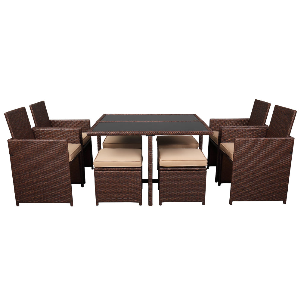 9 Pieces Wood Grain PE Wicker Rattan Dining Ottoman with Tempered Glass Table Patio Furniture Set - Furniture - Quality Life