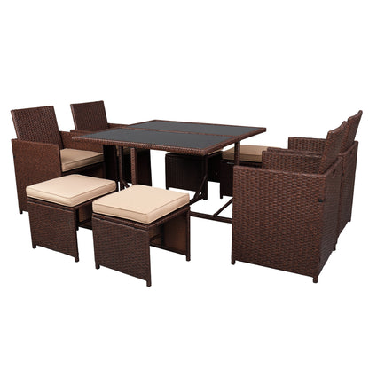 9 Pieces Wood Grain PE Wicker Rattan Dining Ottoman with Tempered Glass Table Patio Furniture Set - Furniture - Quality Life