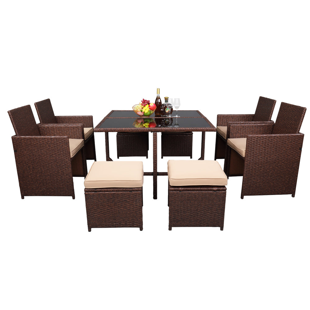 9 Pieces Wood Grain PE Wicker Rattan Dining Ottoman with Tempered Glass Table Patio Furniture Set - Furniture - Quality Life