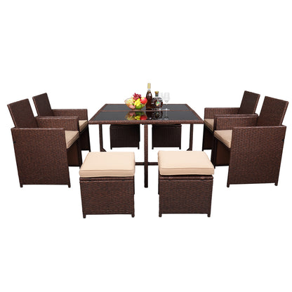 9 Pieces Wood Grain PE Wicker Rattan Dining Ottoman with Tempered Glass Table Patio Furniture Set - Furniture - Quality Life