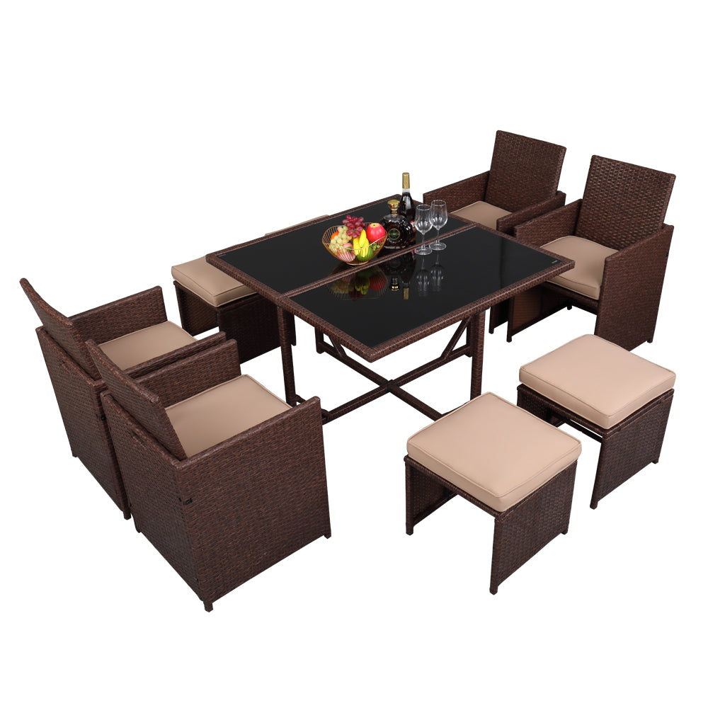 9 Pieces Wood Grain PE Wicker Rattan Dining Ottoman with Tempered Glass Table Patio Furniture Set - Furniture - Quality Life