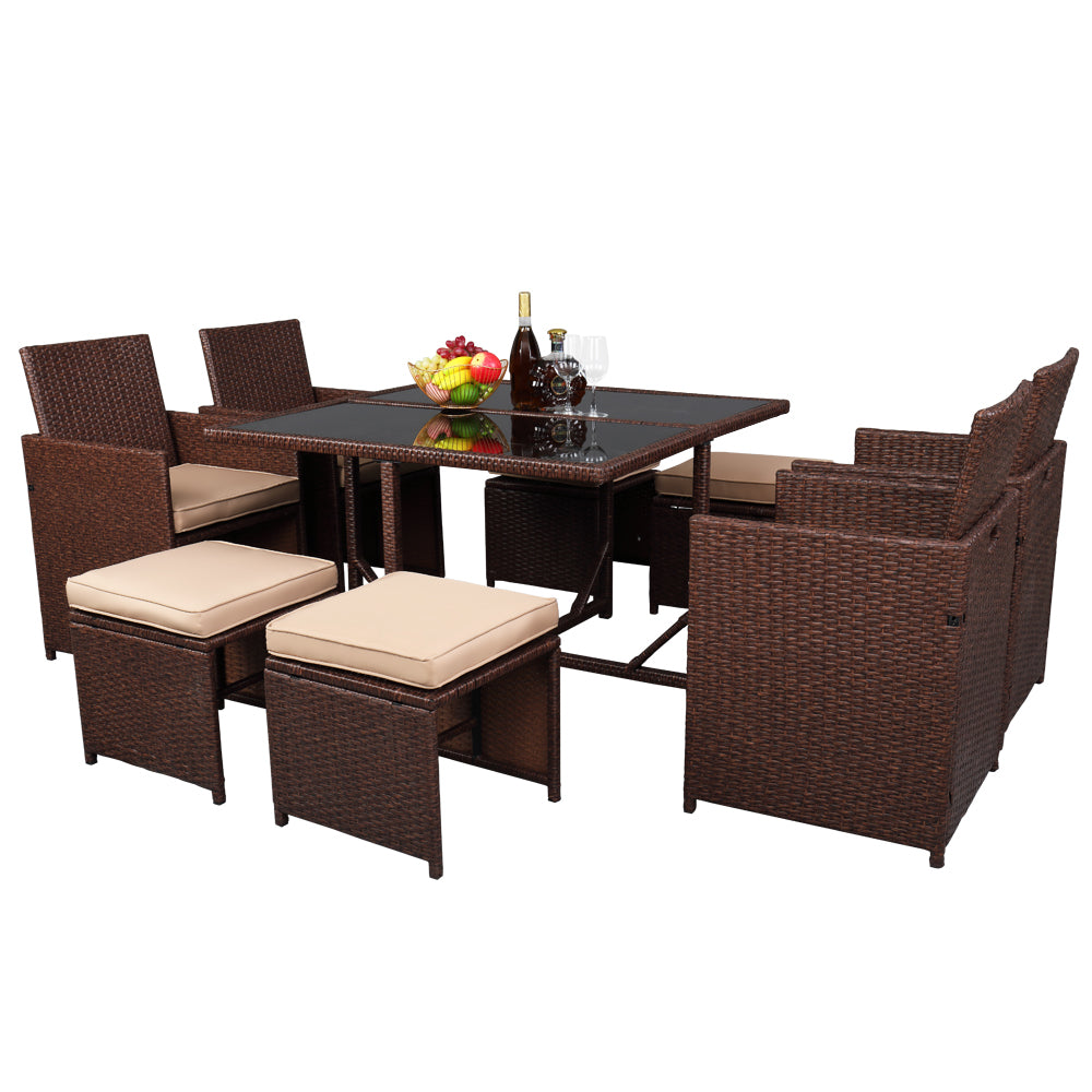 9 Pieces Wood Grain PE Wicker Rattan Dining Ottoman with Tempered Glass Table Patio Furniture Set - Furniture - Quality Life