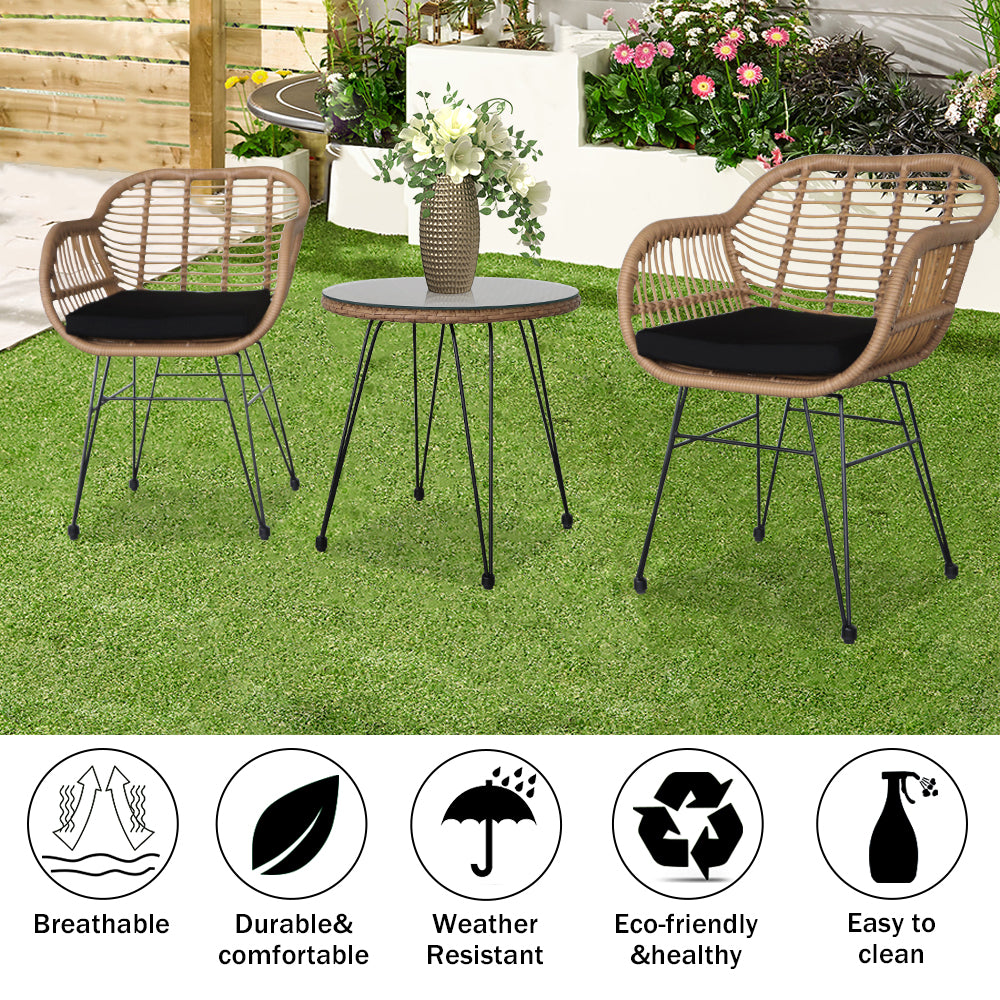 Oshion 3 pcs Wicker Rattan Patio Conversation Set with Tempered Glass Table  Flaxen Yellow - Furniture - Quality Life