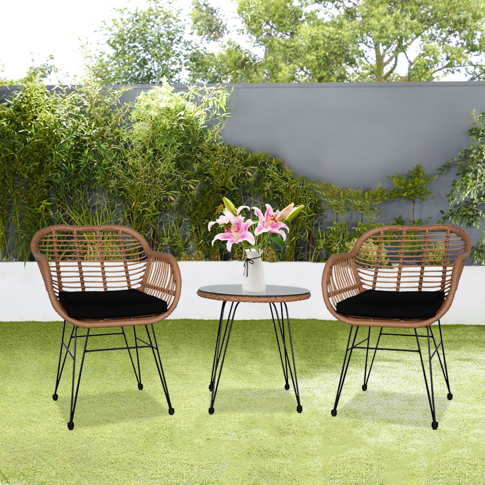 Oshion 3 pcs Wicker Rattan Patio Conversation Set with Tempered Glass Table  Flaxen Yellow - Furniture - Quality Life