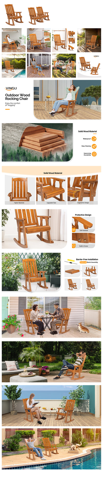 Teak color for vertical stripe back wooden rocking chair - Furniture - Quality Life