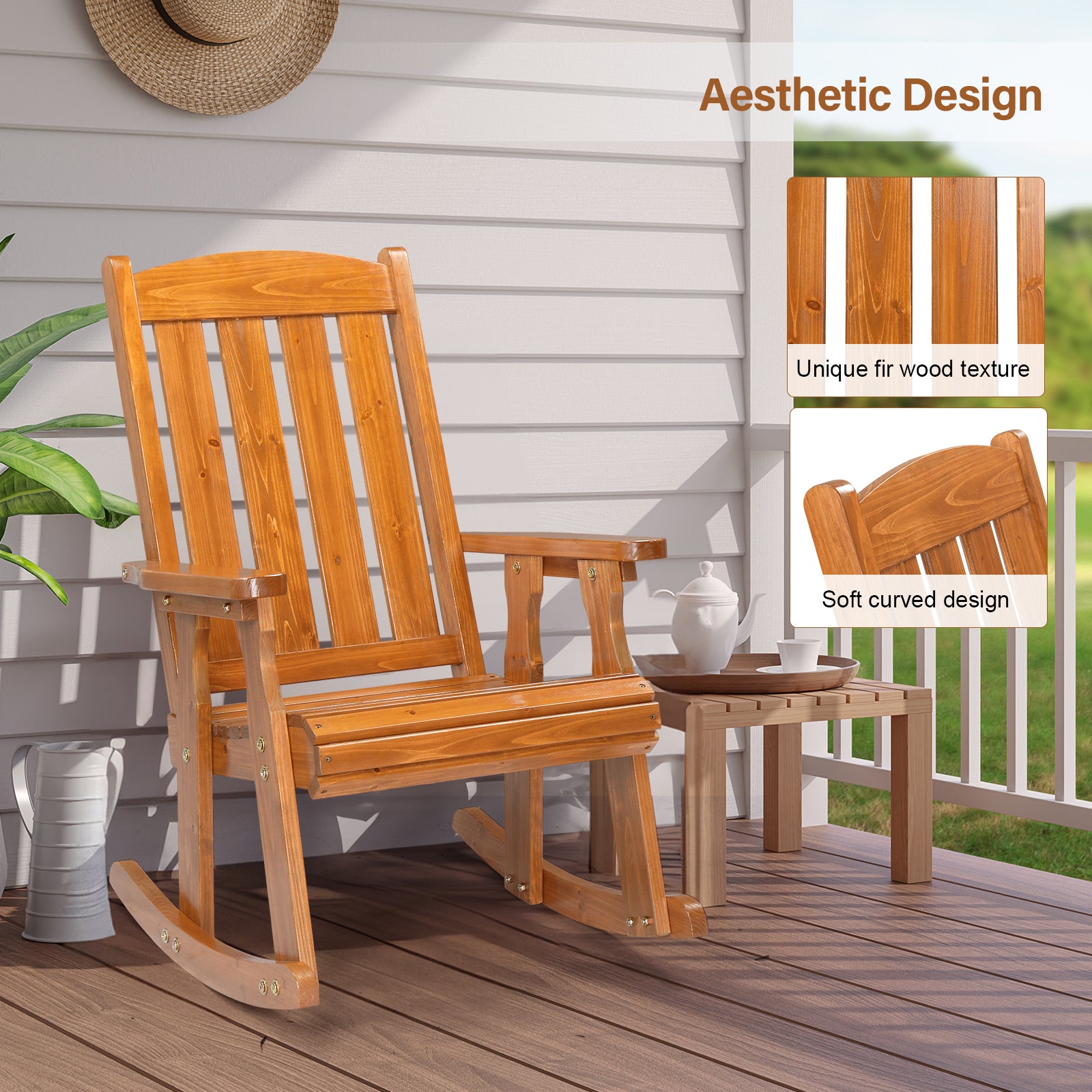 Teak color for vertical stripe back wooden rocking chair - Furniture - Quality Life