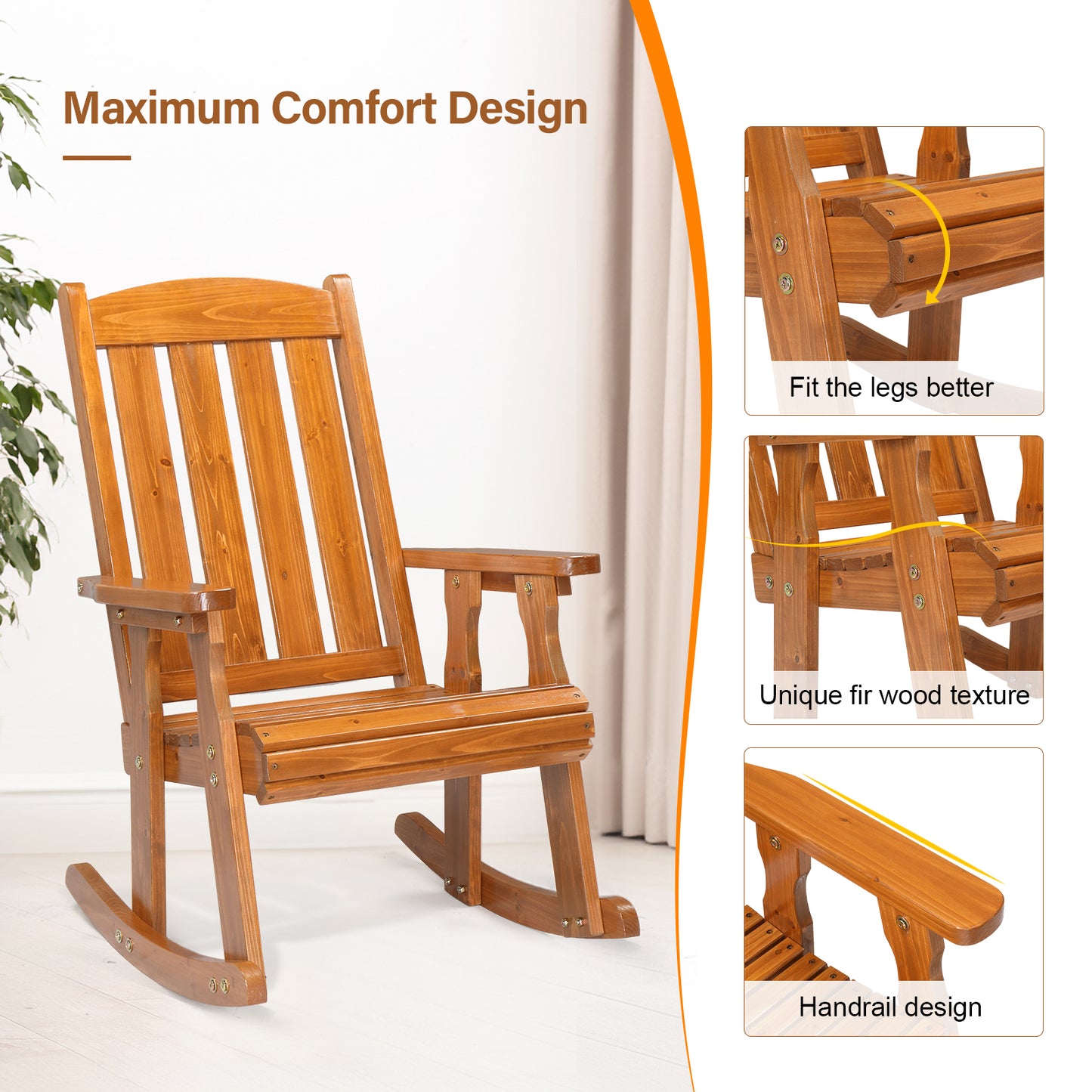 Teak color for vertical stripe back wooden rocking chair - Furniture - Quality Life