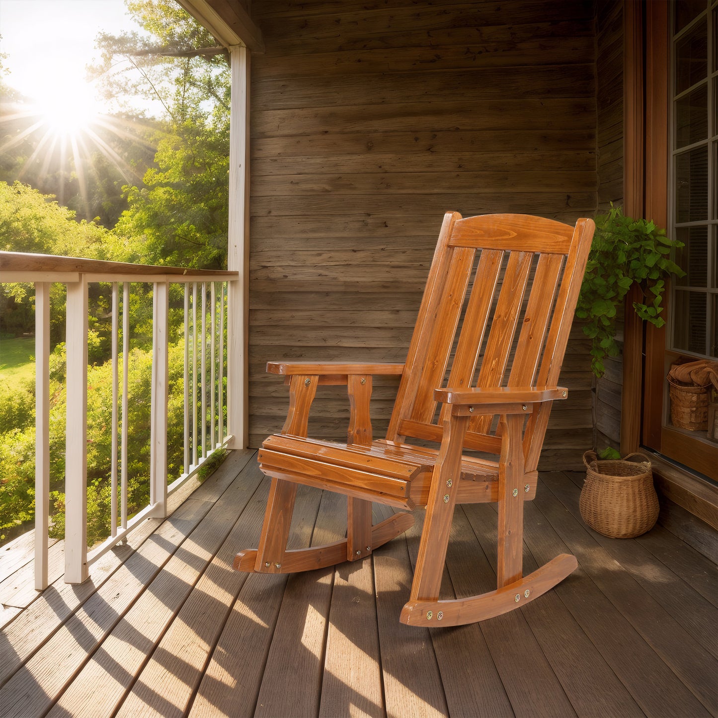 Teak color for vertical stripe back wooden rocking chair - Furniture - Quality Life